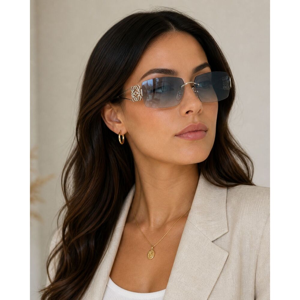 Loewe Anagram Rimless Sunglasses Blue Gradient Lens Silver Frame Logo Arms